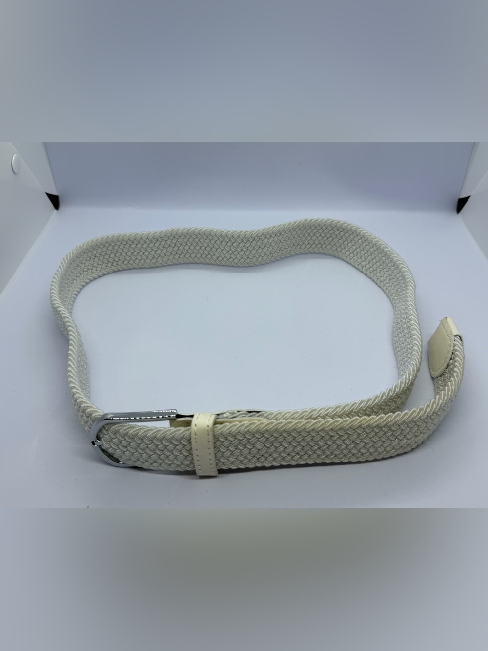Men's Cream Woven Elastic Belt with Silver-Tone Buckle